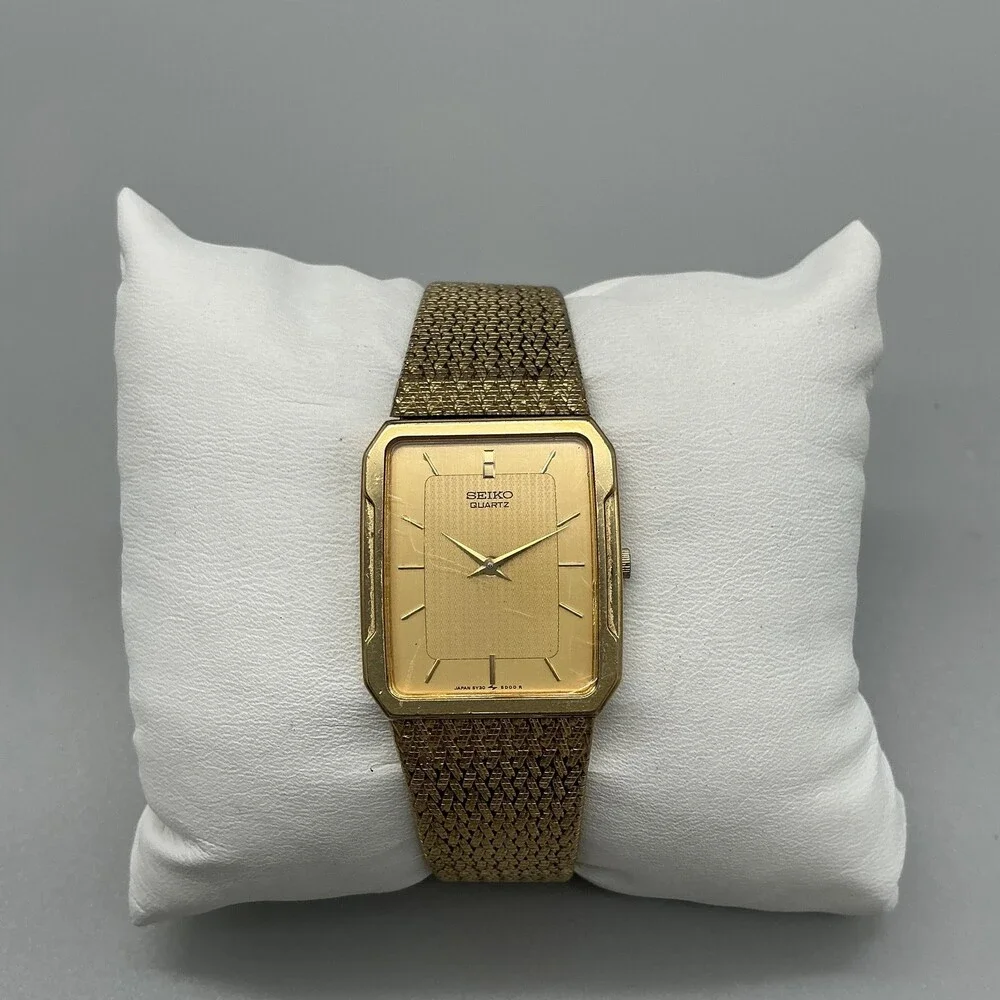 Vintage Seiko Quartz Mens Watch 25mm Gold Tone Mesh 5Y30-5B49 New Battery 7.75